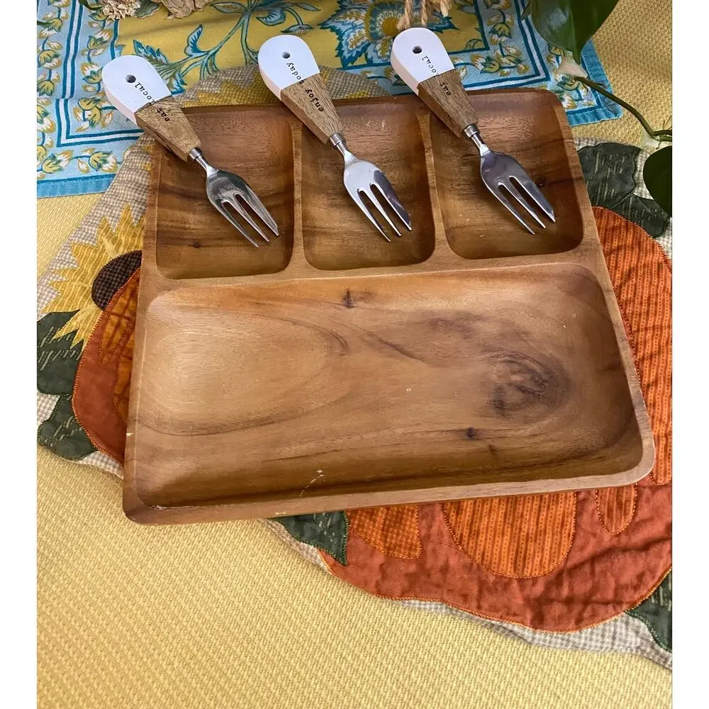 Set of 3 Wood Handle Appetizer Serving Forks 2-Eat Local & 1-Enjoy Today